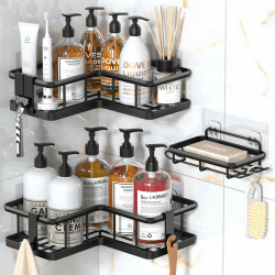 YASONIC Duschablage Ecke ohne Bohren Badezimmer Organizer, verdicktes Duschregal Ecke ohne Bohren mit großer Kapazität, Shampoo Halterung für Dusche mit 4 abnehmbaren Haken, Badregal 3 Stück, Schwarz 3 Stück Schwarz Angebot bei HelloDeals