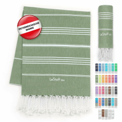 LeStoff Hamamtuch - 100% Bio-Baumwolle, 95 x 180 cm, Vorgewaschen, Saugstark, Schnelltrocknend, Leicht, Kompakt, Camping Handtuch, Reisehandtuch, Badetuch, Duschtuch, Badehandtuch groß (Olivgrün) 95 x 180 cm Olive Angebot bei HelloDeals