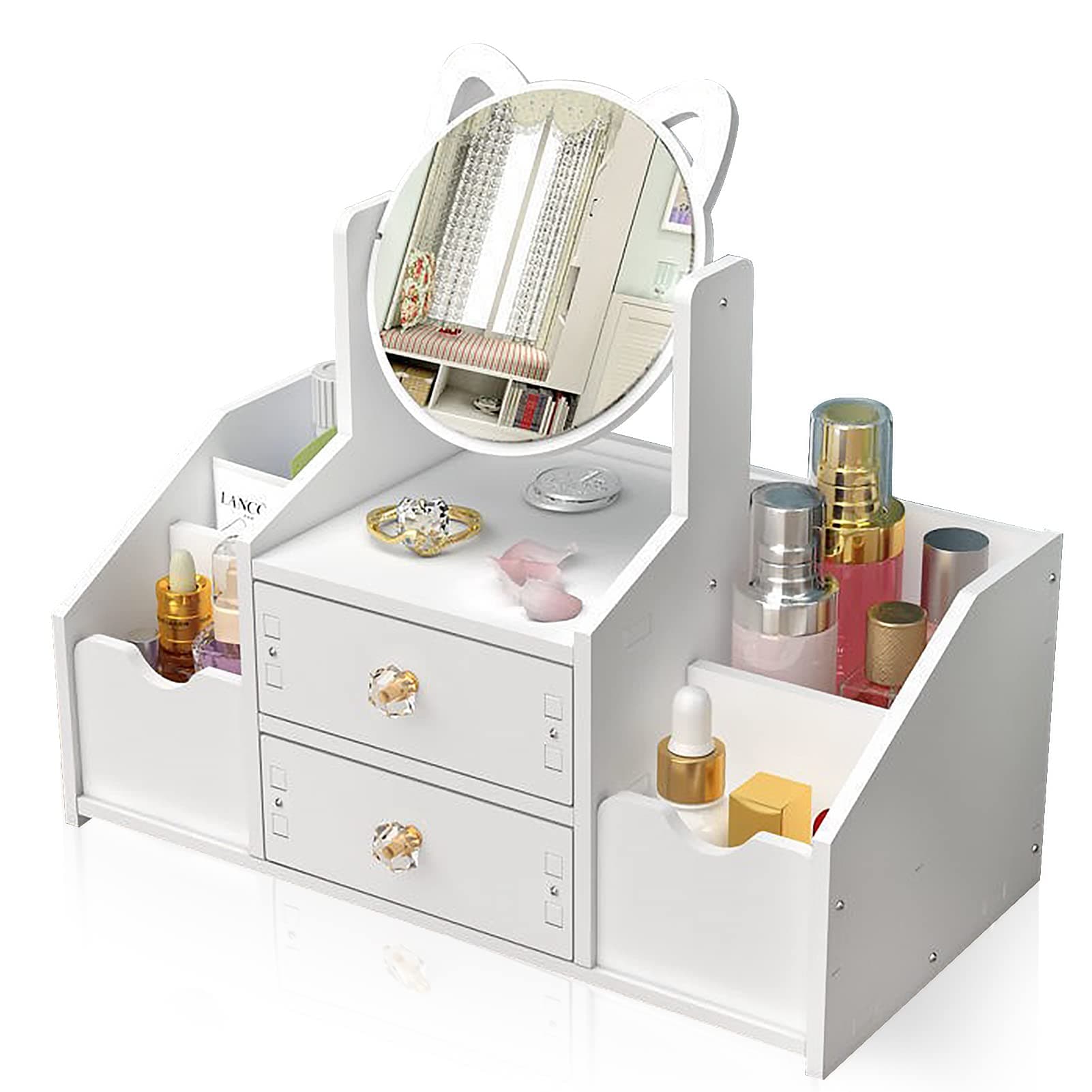 Make up Organizer mit Schublade, Schminktisch Organizer mit Spiegel, Weiß Cosmetic Organizer, Desktop Kosmetik Organizer, für Kommode/Schlafzimme/Badezimmer (Runder Spiegel) Angebot bei HelloDeals
