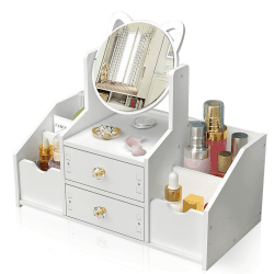 Make up Organizer mit Schublade, Schminktisch Organizer mit Spiegel, Weiß Cosmetic Organizer, Desktop Kosmetik Organizer, für Kommode/Schlafzimme/Badezimmer (Runder Spiegel) Angebot bei HelloDeals