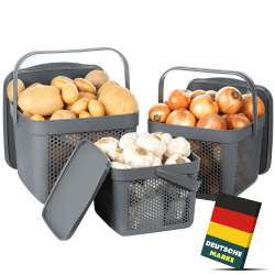 uandu Kartoffel Aufbewahrungsbox Küche 3er Set, Knoblauch Aufbewahrung, Kartoffelbox, Kartoffelkiste, Zwiebelbox, Regal Korb, Aufbewahrungskorb für Bad, Vorratskorb, Korb für Spielzeug Anthrazit Set 3-teilig (5L+8L+12L) Angebot bei HelloDeals