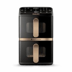 Philips Airfryer 4000 Series Stacked Dual Basket, Gestapelte Heißluftfritteuse mit 2 Körben, 10L, RapidAir Technologie, 45% weniger Platzbedarf, PFAS-freie Keramikbeschichtung, Sichtfenster (NA462/70) Angebot bei HelloDeals