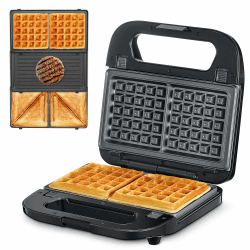 Multifunktionsgerät 3-in-1 [Sandwichmaker, Waffeleisen, Kontaktgrill], Antihaftbeschichtete abnehmbare Platten, 750W, LED-Anzeigen, BPA frei, Schwarz (Schwarz2) Angebot bei HelloDeals