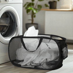 Langlebige, faltbare Netz-Wäschekörbe mit Seitentasche und verstärkten Tragegriffen für Wäsche, Badezimmer, Wohnheim oder Reisen Schwarz Angebot bei HelloDeals