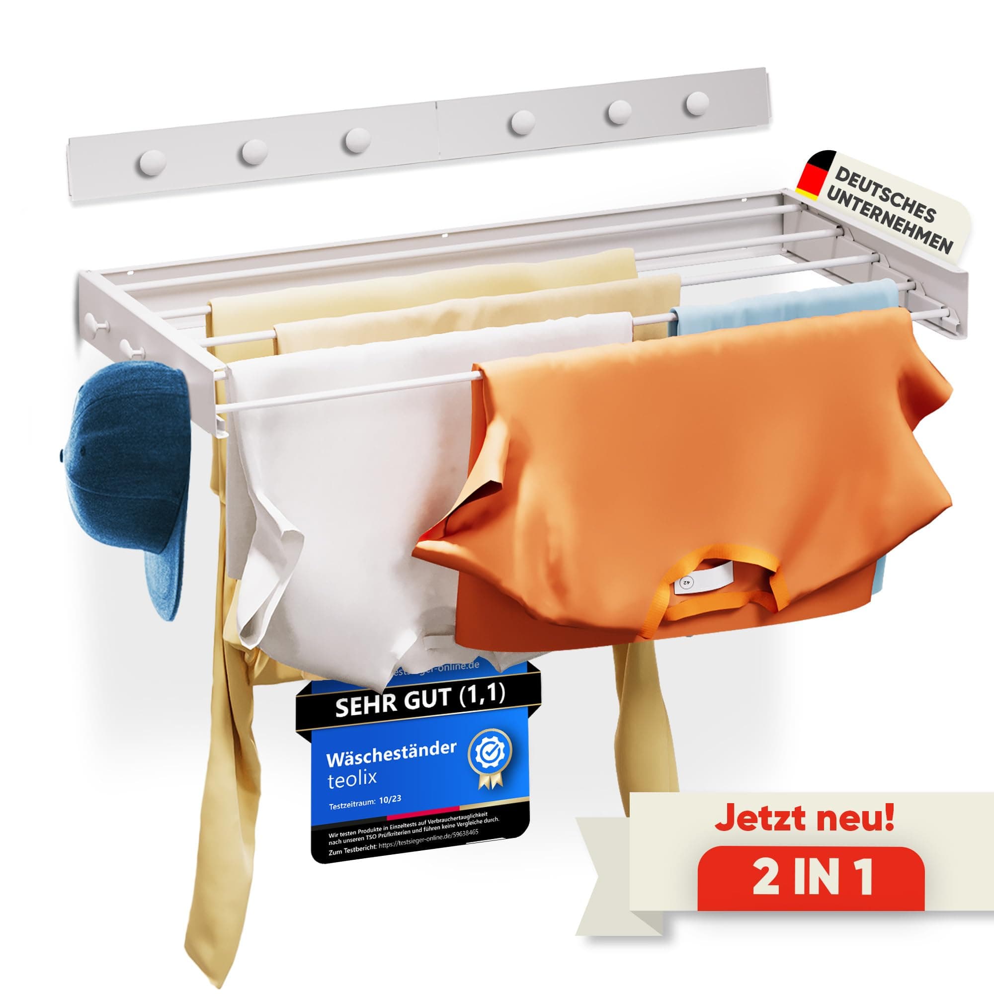 Wäscheständer Wandmontage [2in1 mit extra Kleiderhaken] Ausziehbar und Platzsparend | Wäschetrockner Klein für Wand | Clothes Drying Rack Zeitlos Praktisch - (Weiß, 100cm) 100cm Weiß Angebot bei HelloDeals