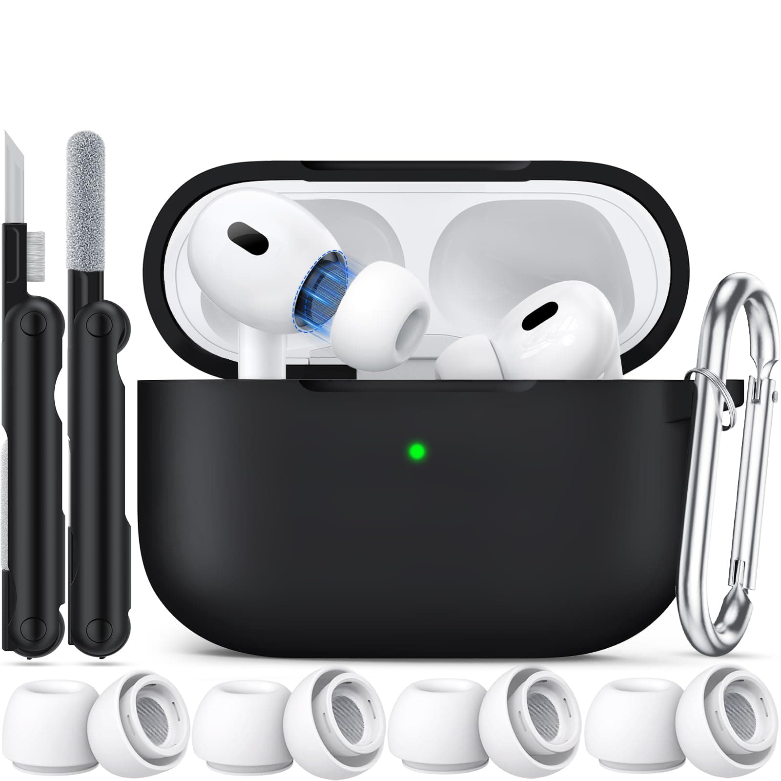 Kompatibel mit AirPods Pro 2 hülle (2022),Silikon Case für AirPods Pro 2 (2019) (USB-C/Lightning-Anschluss 2023), Mit Ohrstöpseln(Größe 4. XS/S/M/L) und Reinigungsset–schwarz 1-schwarz Angebot bei HelloDeals