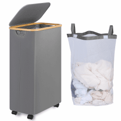 Wäschekorb mit Rollen 75L, Wäschesammler Schmal mit Herausnehmbarer und Waschbarer Innentasche, Laundry Baskets Wäschekörbe mit Deckel für Kleidung, Spielzeug, Handtücher (Grau) 75L mit Rädern Grau Angebot bei HelloDeals
