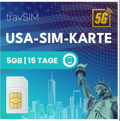 SIM Karte USA travSIM | 5GB Mobile Daten mit 4G/5G Geschwindigkeiten für die USA – Voller Zugang zu Google, Facebook, Whatsapp & Mehr | SIM USA plan mit 15 Tagen Gültigkeit 15 Tage - 5GB Angebot bei HelloDeals