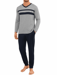 Marvmys Herren Schlafanzug Lang V-Ausschnitt Gestreifter Schlafanzüge Herren Winter Zweiteiliger Pyjamas Nightwear Set mit Taschen S-3XL Grau S Angebot bei HelloDeals
