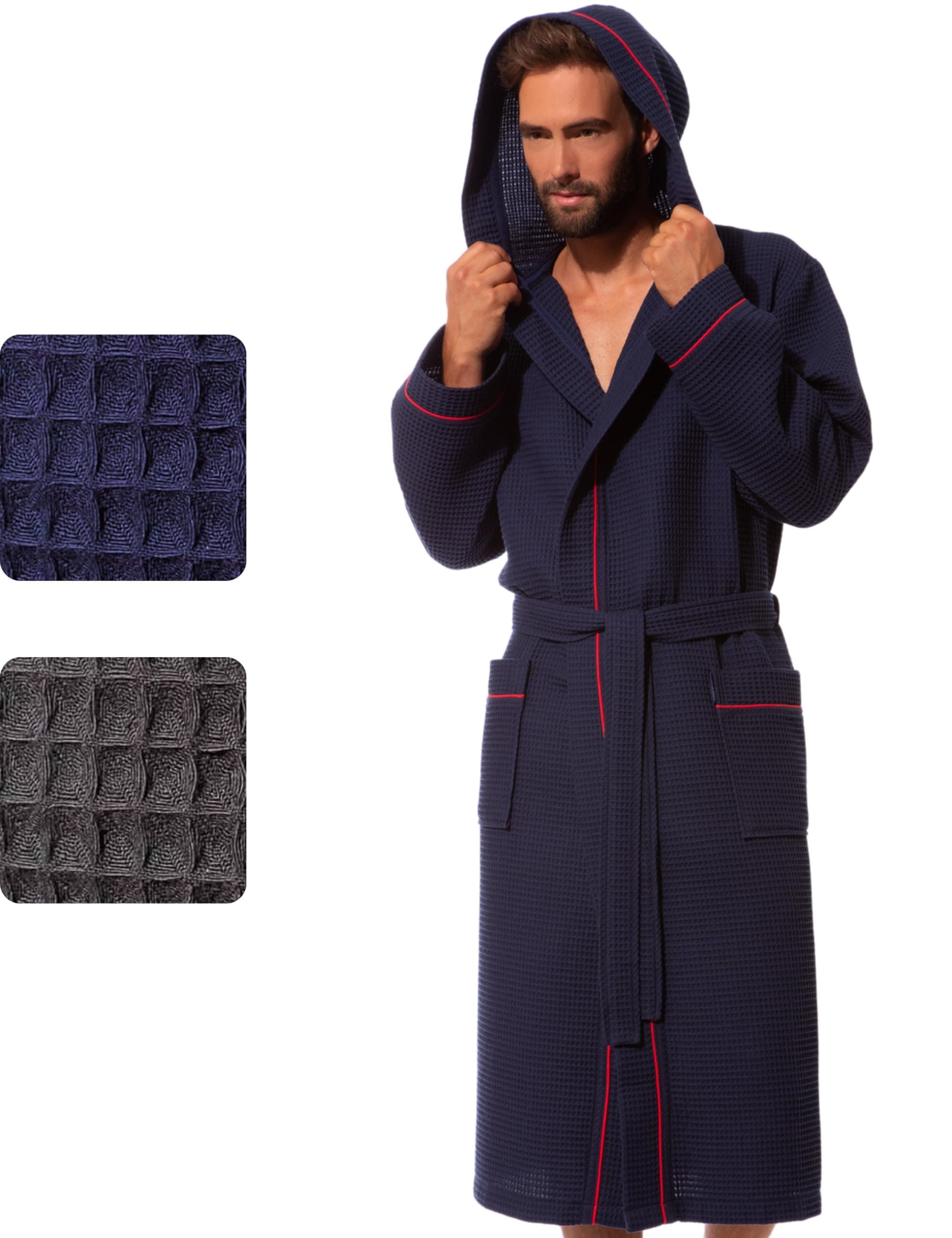 Morgenstern Bademantel Herren Leicht Waffel-Stoff 100% Baumwolle Kapuze Lang M Marine Angebot bei HelloDeals