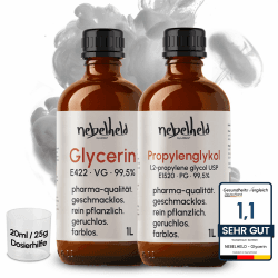 PG VG | Glycerin & Propylenglycol | 2 x 1000 ml | Liquid Base 50 50 | Lebensmittelqualität | MADE IN GERMANY 1L PG + 1L VG Angebot bei HelloDeals