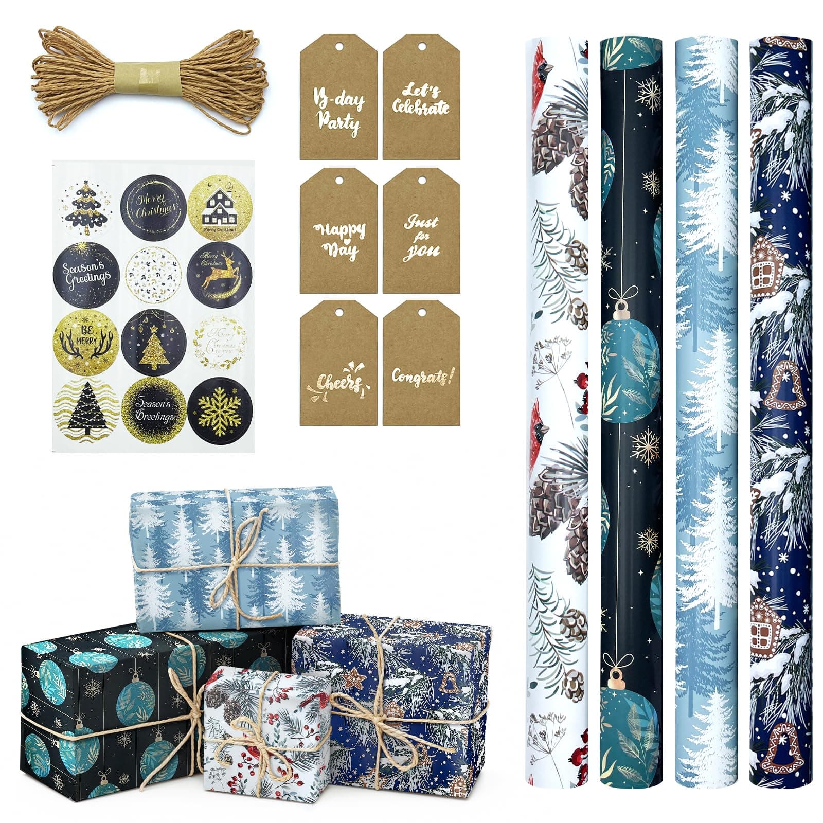 Geschenkpapier Weihnachten Rolle, Schwarz, Blau, 4 Rollen Set Weihnachtsgeschenkpapier, Weihnachtspapier Retro, Christmas Geschenkfolie Xmas Wrapping Paper Mit Aufkleber, Tags, Papierseilen 43*300cm Angebot bei HelloDeals