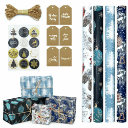 Geschenkpapier Weihnachten Rolle, Schwarz, Blau, 4 Rollen Set Weihnachtsgeschenkpapier, Weihnachtspapier Retro, Christmas Geschenkfolie Xmas Wrapping Paper Mit Aufkleber, Tags, Papierseilen 43*300cm Angebot bei HelloDeals