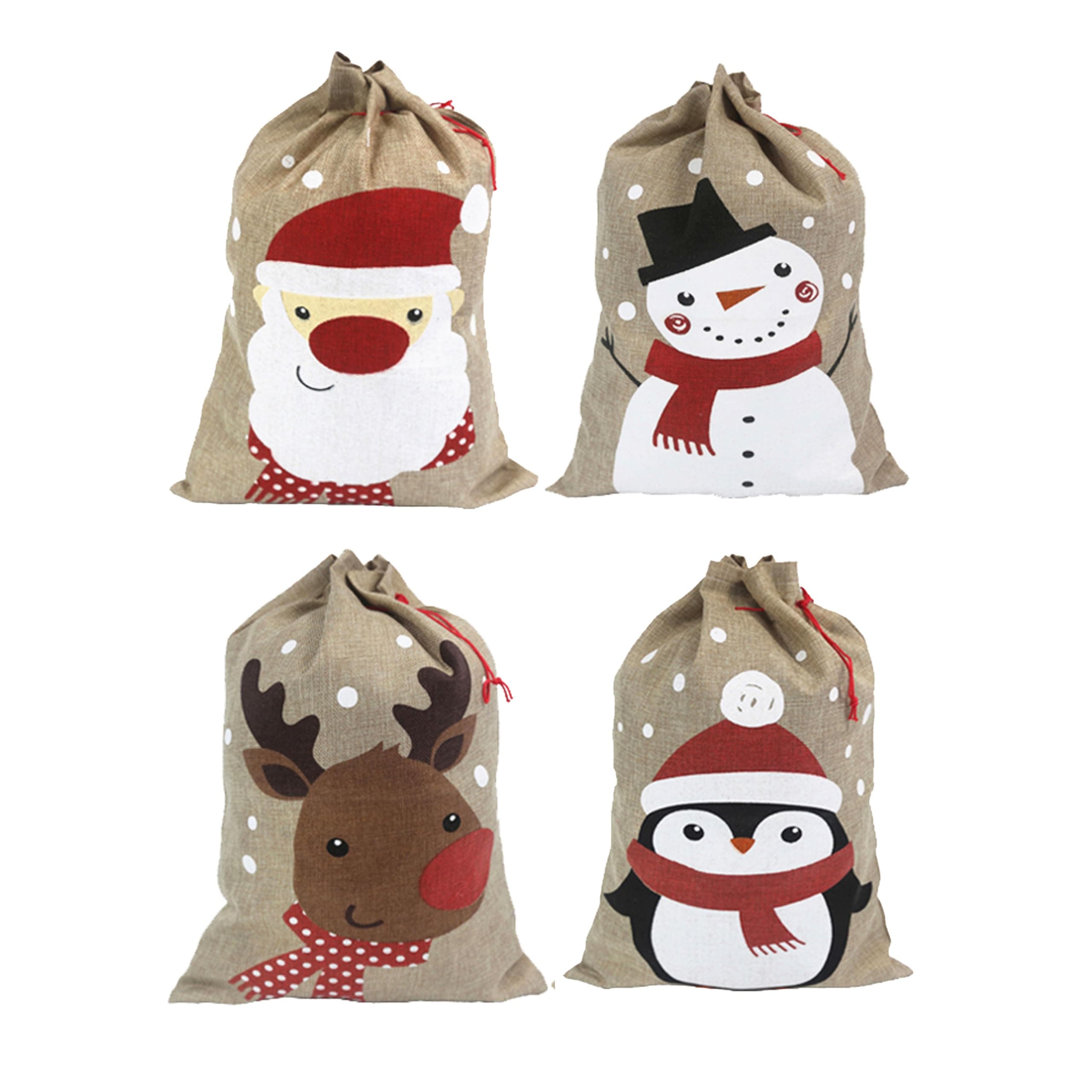 Weihnachtssäcke. 35 x 50 cm große mittelgroße Weihnachtssäcke aus Jute. Weihnachtsbeutel aus Jute mit Kordelzug. 4 Designs: Weihnachtsmann, Schneemann, Rentier, Pinguin. 4er-Pack. Angebot bei HelloDeals