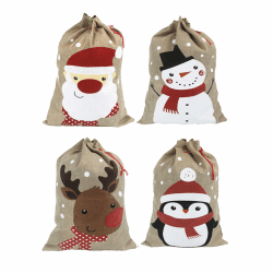 Weihnachtssäcke. 35 x 50 cm große mittelgroße Weihnachtssäcke aus Jute. Weihnachtsbeutel aus Jute mit Kordelzug. 4 Designs: Weihnachtsmann, Schneemann, Rentier, Pinguin. 4er-Pack. Angebot bei HelloDeals