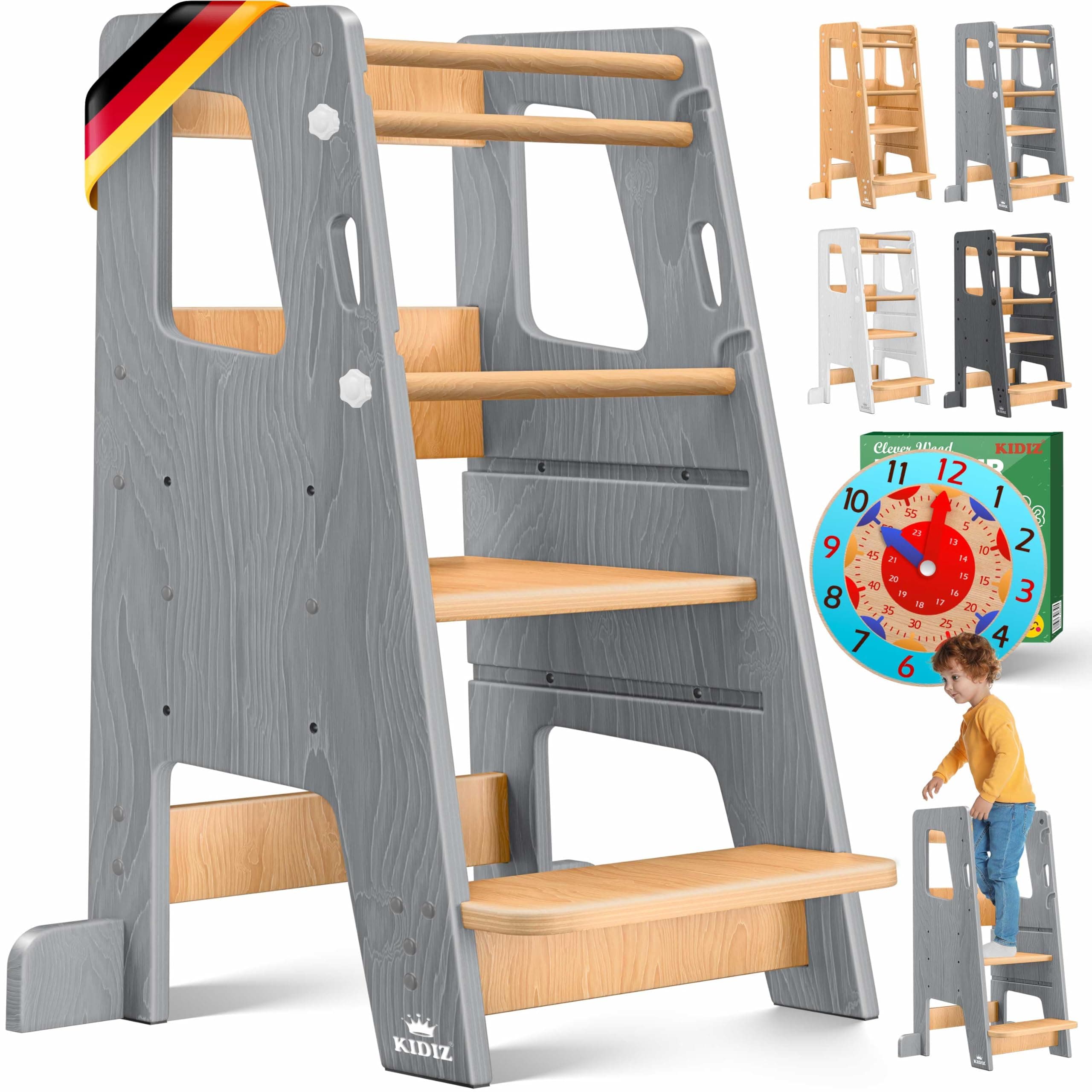 KIDIZ® Lernturm für Kinder ab 1 Jahr inkl. Lernuhr | 3-stufig Höhenverstellbarer Tritthocker aus Kiefernholz | spielerisch motorische Fähigkeiten fördern Montessori Learning Tower bis 50 kg belastbar Grau & Kiefer Angebot bei HelloDeals