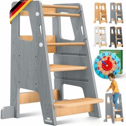 KIDIZ® Lernturm für Kinder ab 1 Jahr inkl. Lernuhr | 3-stufig Höhenverstellbarer Tritthocker aus Kiefernholz | spielerisch motorische Fähigkeiten fördern Montessori Learning Tower bis 50 kg belastbar Grau & Kiefer Angebot bei HelloDeals