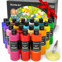 Shuttle Art Acrylfarben Set, 18 Acrylfarben in Flaschen (je 250ml, 8,45oz), hochpigmentierte Acrylfarben, Premiume Acrylfarben für Künstler, Anfänger und Erwachsene auf Steine, Leinwand, Holz geeignet 18 Farben 240 ml (18er Pack) Angebot bei HelloDeals