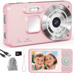 Digitalkamera 4K Fotokamera 64MP Kamera Fotoapparat Tragbare Kompaktkamera mit 2,8" LCD Bildschirm, 18X Digitalzoom, 32GB SD Karte, 1 Schlüsselband für Kinder Teenager Anfänger (Rosa) Angebot bei HelloDeals