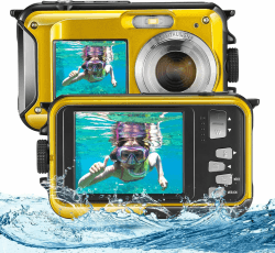 Digitalkamera, Wasserdicht, Full HD 2.7 K, 24 MP, Unterwasserkamera, 16 X Zoom, Wasserdicht, mit Doppelbildschirm, Autofocus für Jugendliche, Schüler, Anfänger, Gelb Angebot bei HelloDeals