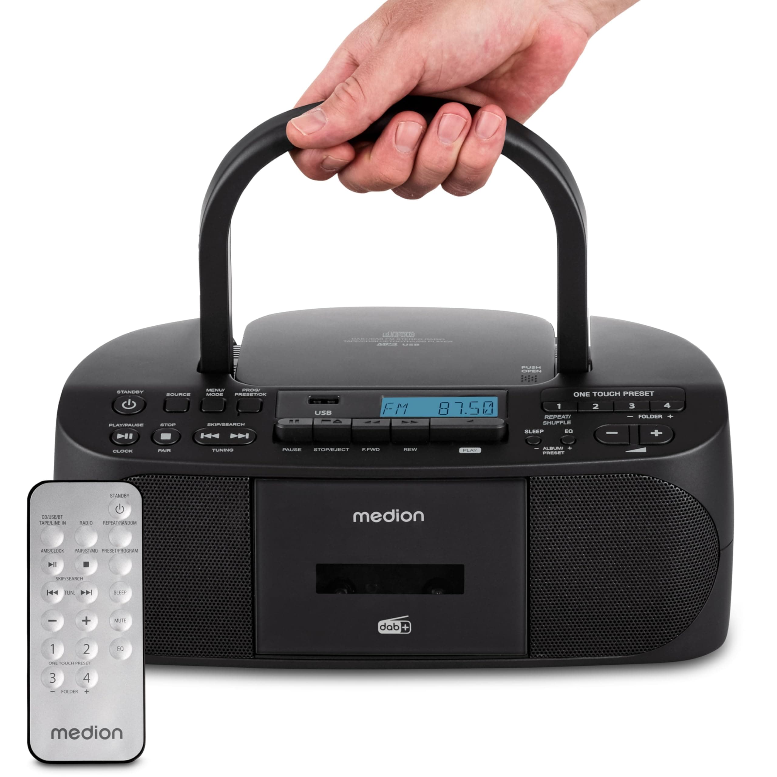 MEDION DRX-1 Plus Boombox (tragbares DAB+ UKW Radio, Bluetooth, CD-Player, MP3, Kassette, Kopfhöreranschluss, Stereo Sound System, AUX, Netz & Batterie) schwarz Angebot bei HelloDeals