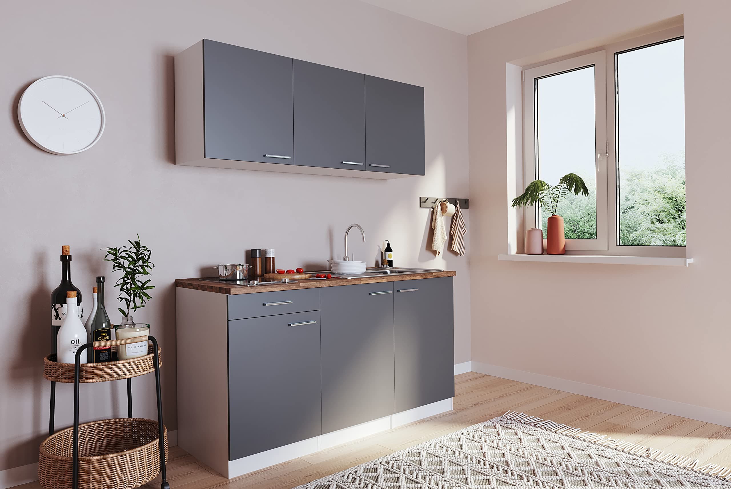 Respekta Singleküche Luis 150cm ohne Kühlschrank Korpus und Arbeitsplatte weiß Fronten Grau Angebot bei HelloDeals