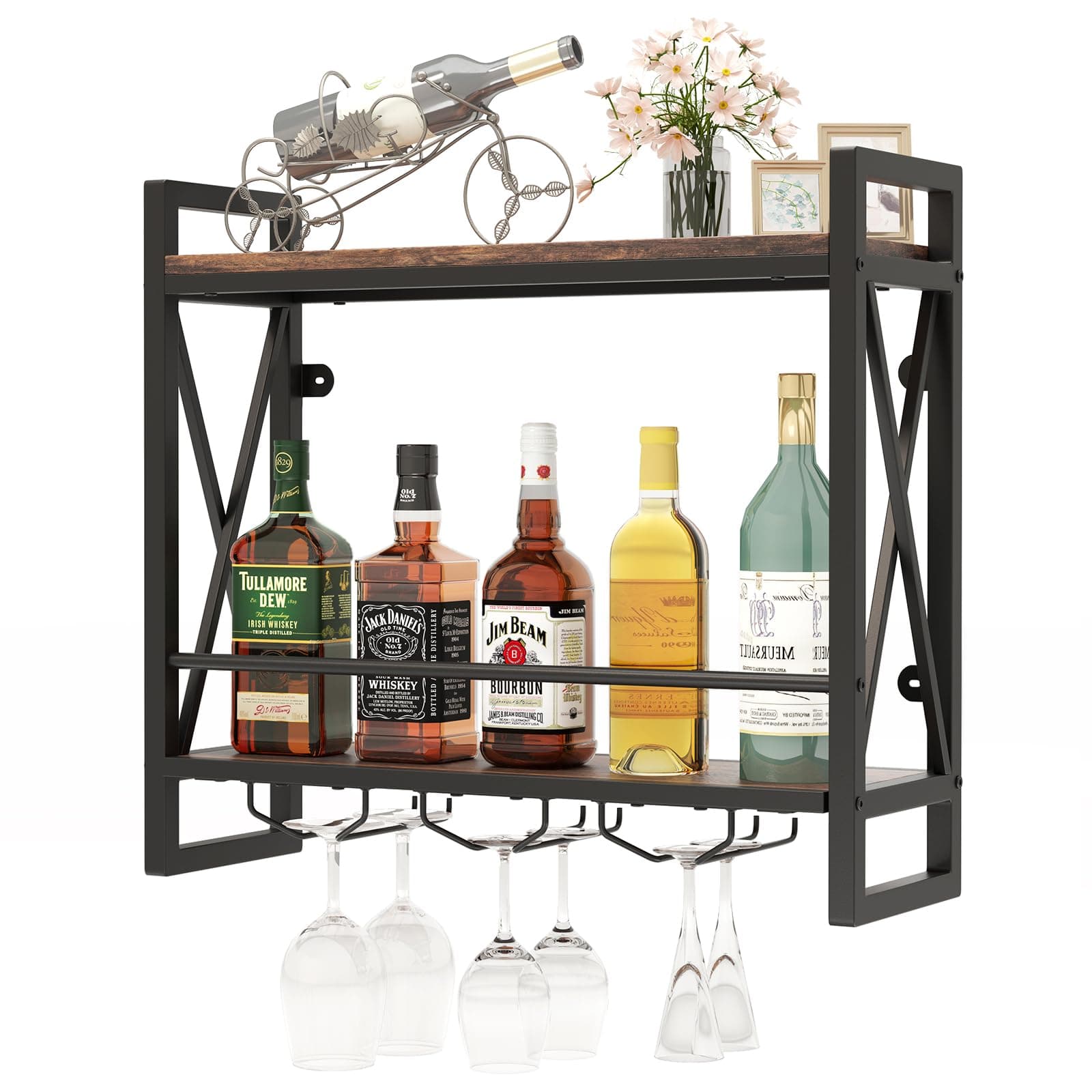 COSTWAY 2 Ebenen Weinregal Wand, Flaschenregal Holz mit Metallrahmen, mit 3 Reihen Weingläserhalter, Industrial Design, ideal für Zuhause, Bar, Küche, Restaurant, 60 x 20 x 55 cm Modell 2 Angebot bei HelloDeals
