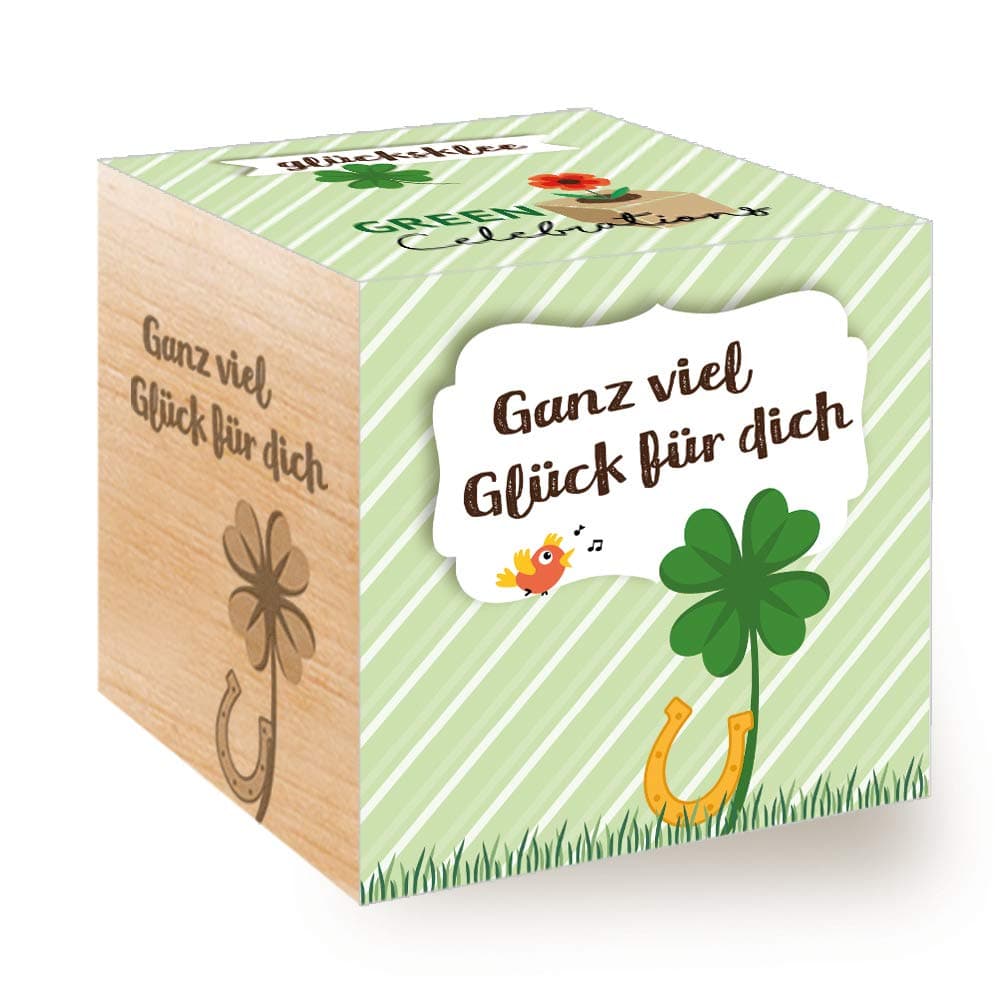 Feel Green 296688 Celebrations Ecocube, Glücksklee, Holzwürfel Mit Lasergravur «Ganz Viel Glück Für Dich», Nachhaltige Geschenkidee, Anzuchtset, Made in Austria, natural Single Angebot bei HelloDeals
