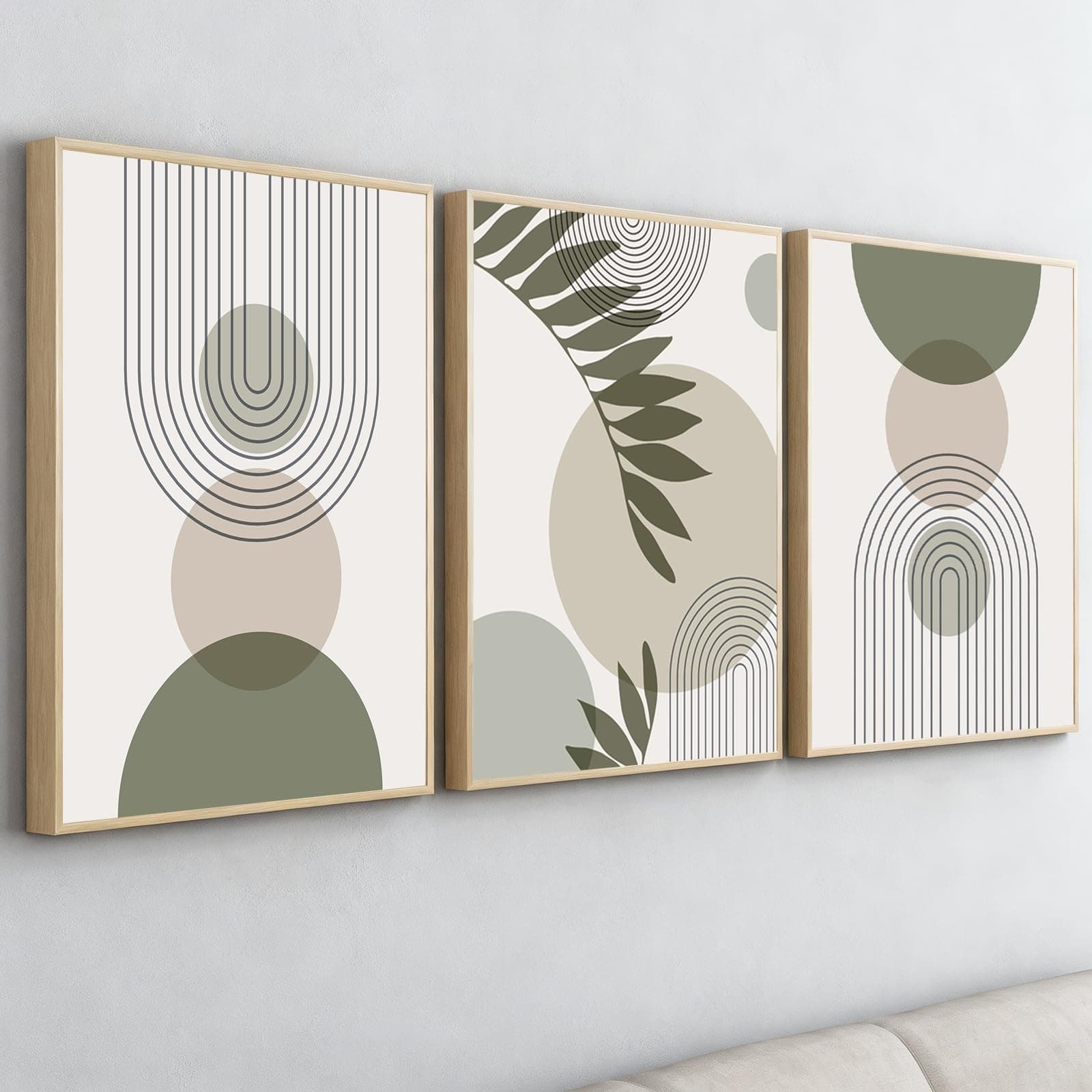 PWAAHDC Wandbilder Wohnzimmer Modern – 3er Set Leinwandbilder mit Rahmen 40x60cm – Große Abstrakte Boho Bilder in Grün – Gerahmte Kunstdrucke für Schlafzimmer & Wohnzimmer Deko Heller Holzrahmen, Grüne Linien 40 x 60cm Angebot bei HelloDeals