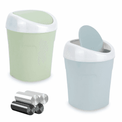 2 Stücke Mini Mülleimer, Tischmülleimer mit Schwingdeckel mit 4 Rollen Müllsäcke, Kompaktes Design Mini Kosmetikeimer 10 * 12 * 17cm, Tischabfalleimer für den Waschtisch (Blau, Grün) Angebot bei HelloDeals
