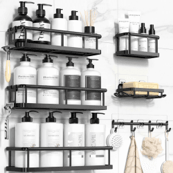 YASONIC Duschablage ohne Bohren 6 Stück Große Kapazität Badezimmer Organizer, Duschregal ohne Bohren mit Seifenhalter und 12 Haken, Rostfrei Shampoo Halterung für Dusche, Duschhalterung Schwarz Angebot bei HelloDeals