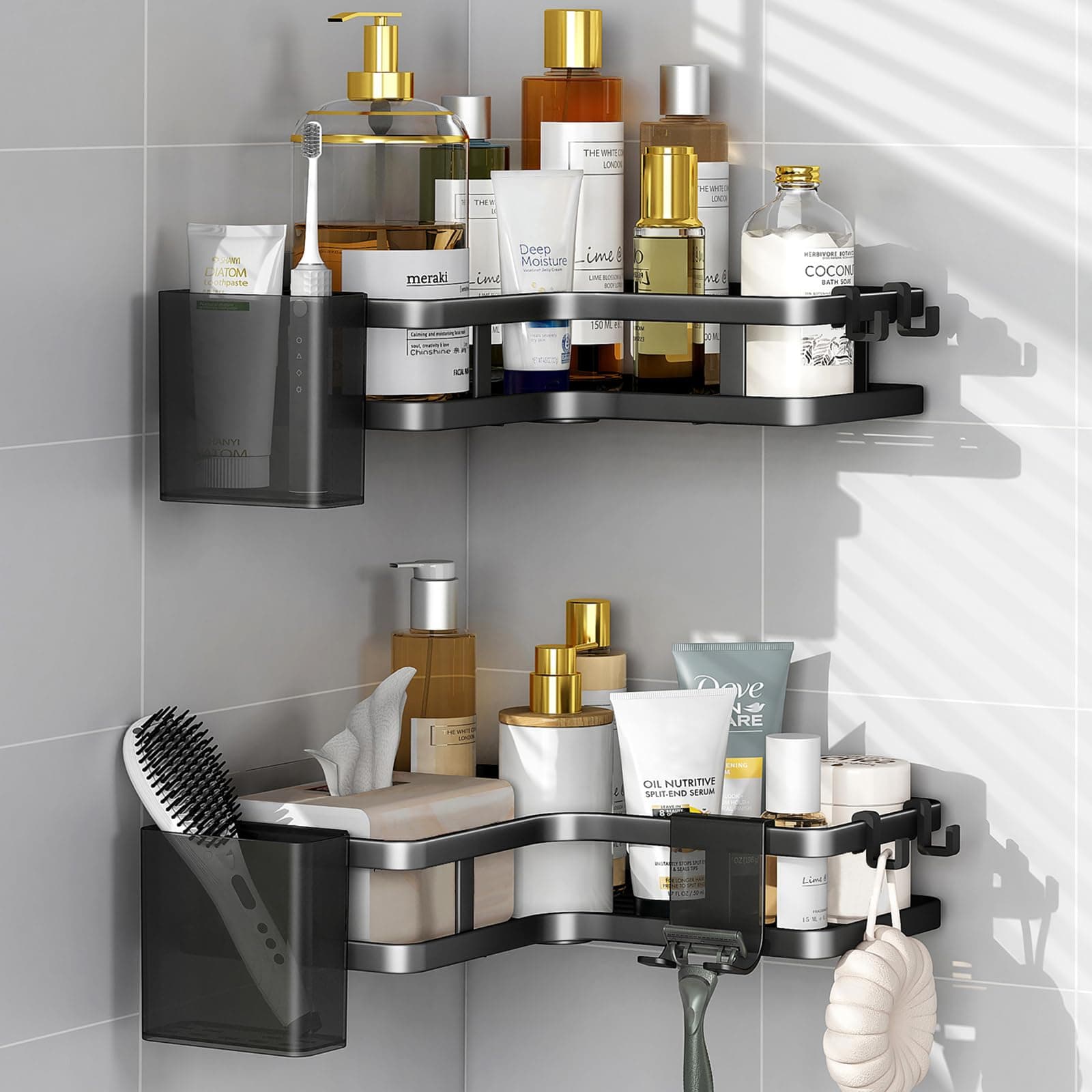 Duschablage Ohne Bohren Schwarz Eckregal, 2 Stück Duschregal Schwarz Ecke, Badezimmer Organizer mit 4 Haken, Shower Shelf Dusche Zubehör, Shampoo Halterung für Dusche für Badezimmer. Angebot bei HelloDeals