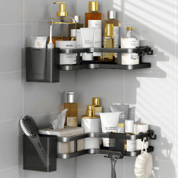 Duschablage Ohne Bohren Schwarz Eckregal, 2 Stück Duschregal Schwarz Ecke, Badezimmer Organizer mit 4 Haken, Shower Shelf Dusche Zubehör, Shampoo Halterung für Dusche für Badezimmer. Angebot bei HelloDeals