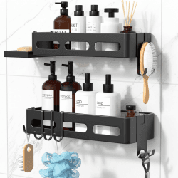 Duschablage ohne Bohren 2er Set – Rostfreies Duschregal Schwarz, 32 cm Badregal & Badezimmer Organizer mit Seifenkorb und 6 Haken, Große Kapazität für Shampoo und Duschzubehör Angebot bei HelloDeals