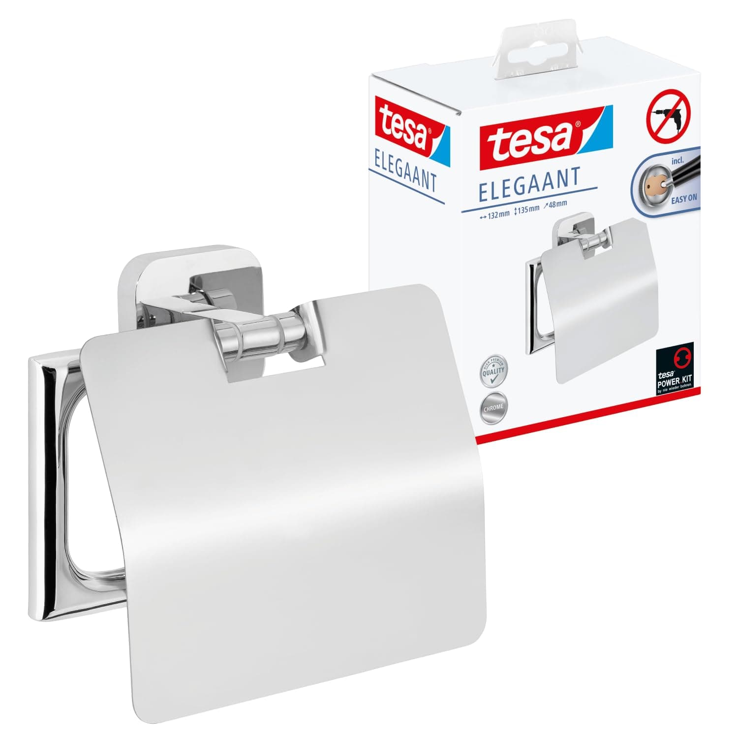 tesa ELEGAANT Toilettenpapierhalter mit Deckel, verchromt - zur Wandbefestigung ohne Bohren, inkl. Klebelösung - 132mm x 135mm x 48mm Toilettenpapierhalter (mit Deckel) Angebot bei HelloDeals