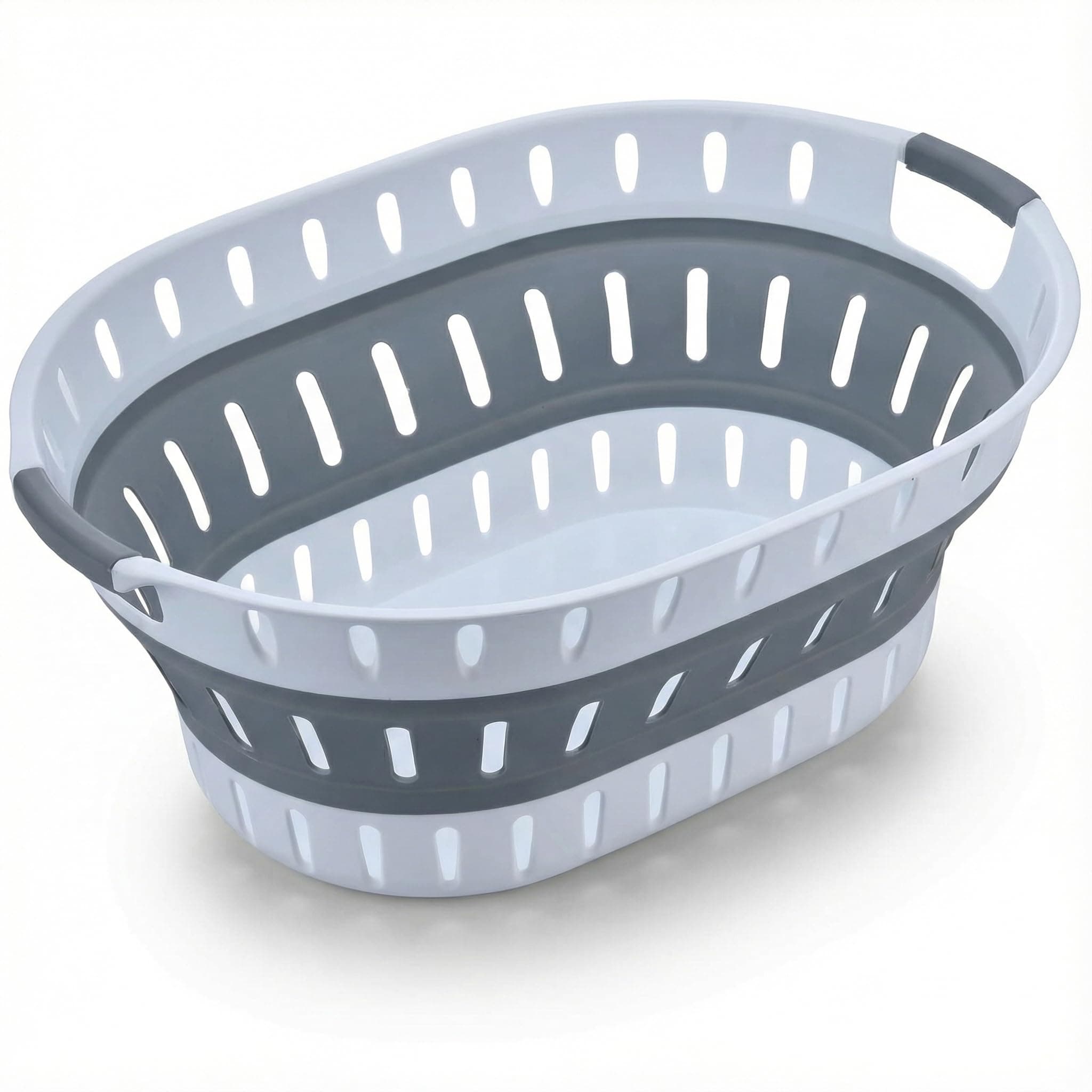 König Design Faltbarer Wäschekorb 36L – oval, platzsparend von 23 cm auf 8 cm, mit Griffen, Grau/Weiß 1 Angebot bei HelloDeals