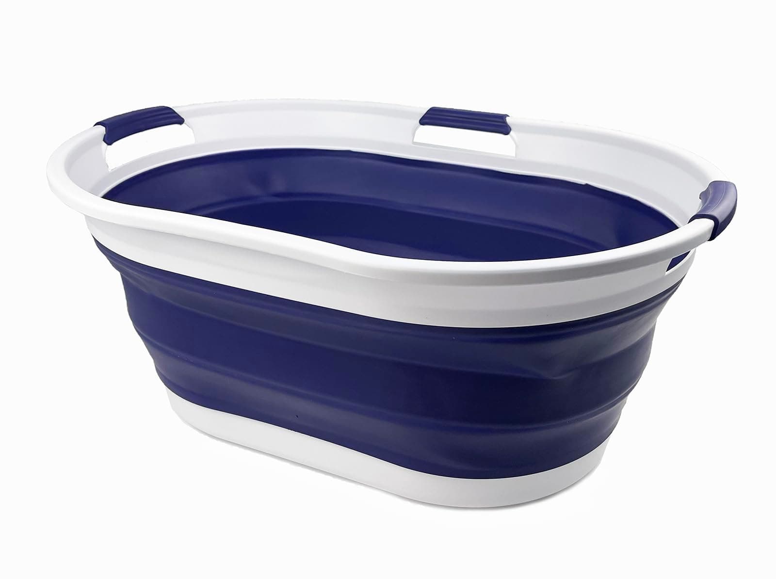 SAMMART Faltbarer Wäschekorb aus Kunststoff, 44 l, faltbarer Pop-Up-Aufbewahrungsbehälter/Organizer, tragbare Waschwanne, platzsparender Wasserkorb, Wasserkapazität: 35 l (1, Weiß/Marineblau) 1 Weiß/Marineblau Angebot bei HelloDeals