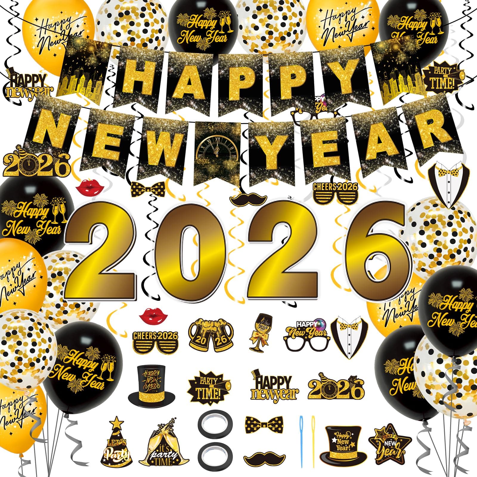 Silvester Deko 2026 XXL Set, Happy New Year Deko mit Girlande, Folienballons, Latexballons, Fotorequisiten, Glänzende Silvesterdeko für Neujahrsparty, Perfekte Deko Silvester 2026 Partyset Groß Angebot bei HelloDeals