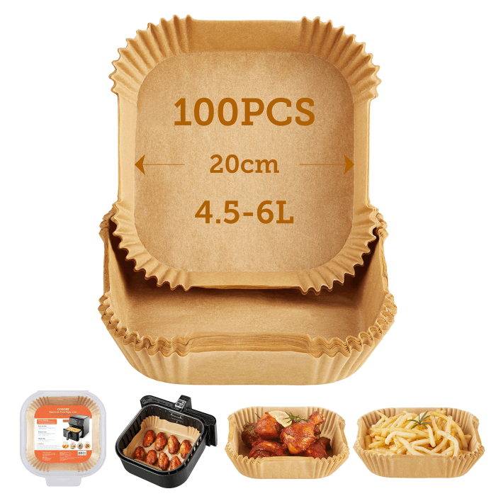 Cosori Backpapier für Heißluftfritteuse XXL 4-7,3 L, 100 Stück 20 cm, ungebleichtes Airfryer zubehör, antihaftbeschichtete Einwegschalen, Pergamentpapier, kompatibel mit gängigen Heißluftfritteusen 4,5-6L Wood Angebot bei HelloDeals