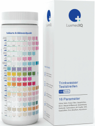 100x LuxmedIQ 16-in-1 Wassertester Trinkwasser - Trinkwasser Teststreifen zur einfachen Prüfung der Wasserqualität - Leitungswasser selbst Testen auf pH, Chlor, Kupfer, Quecksilber, Gesamthärte & mehr Angebot bei HelloDeals