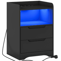 Nachttisch mit LED-Beleuchtung und Ladestation(2 AC-Steckdosen, 2 USB-Anschlüsse) Nachtschrank mit 2 Schubladen und 1 Offenes Fach Beistelltisch Sofatisch für Wohnzimmer Schlafzimmer, Schwarz 1 Schwarz + 2 Schubladen Angebot bei HelloDeals