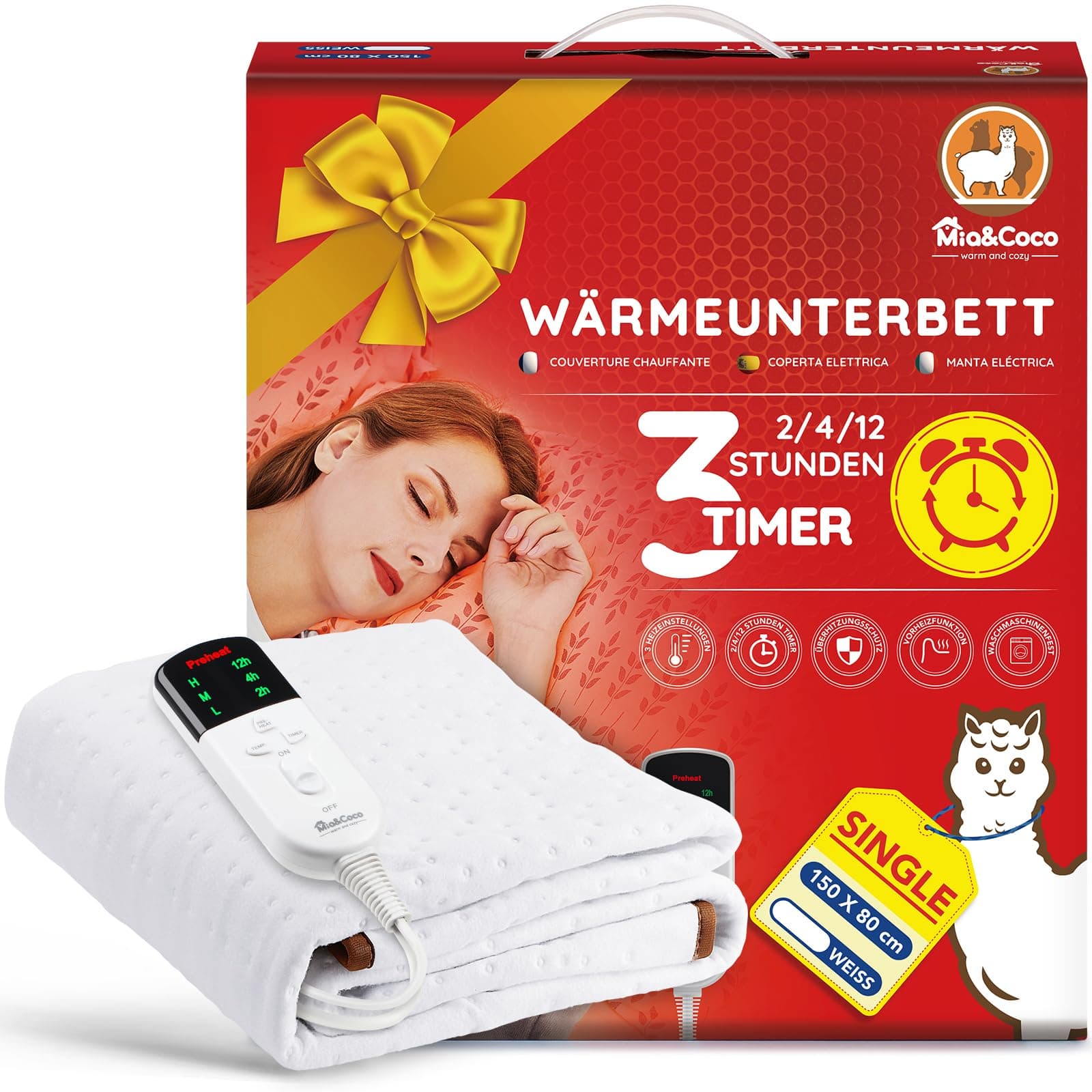 Mia&Coco Heizdecke mit Abschaltautomatik, Wärmeunterbett mit 12-Stunden-Timer und 3 Wärmestufen, LED-Anzeige, Überhitzungsschutz, Wärmedecke für Gängigen Matratzen,Maschinenwaschbar (150 x 80cm) 150x80cm Angebot bei HelloDeals