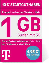 Deutsche Telekom MagentaMobil Prepaid S SIM-Karte ohne Vertragsbindung,5G inkl. I1 GB & Flat ins Mobilfunknetz,50 Freiminuten in alle Anderen dt. Netze I Surfen mit 5G/ LTE Max, 10 EUR Startguthaben 25x15mm Prepaid-S alt Angebot bei HelloDeals