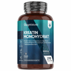 Creatin Monohydrat Tabletten - 3000mg pro Portion - 270 Kreatin Vegan Tablets - 3 Monate Vorrat - Creatine - 3 Kreatin Monohydrat Tabletten pro Tag - Für Männer und Frauen - Glutenfrei - WeightWorld Angebot bei HelloDeals