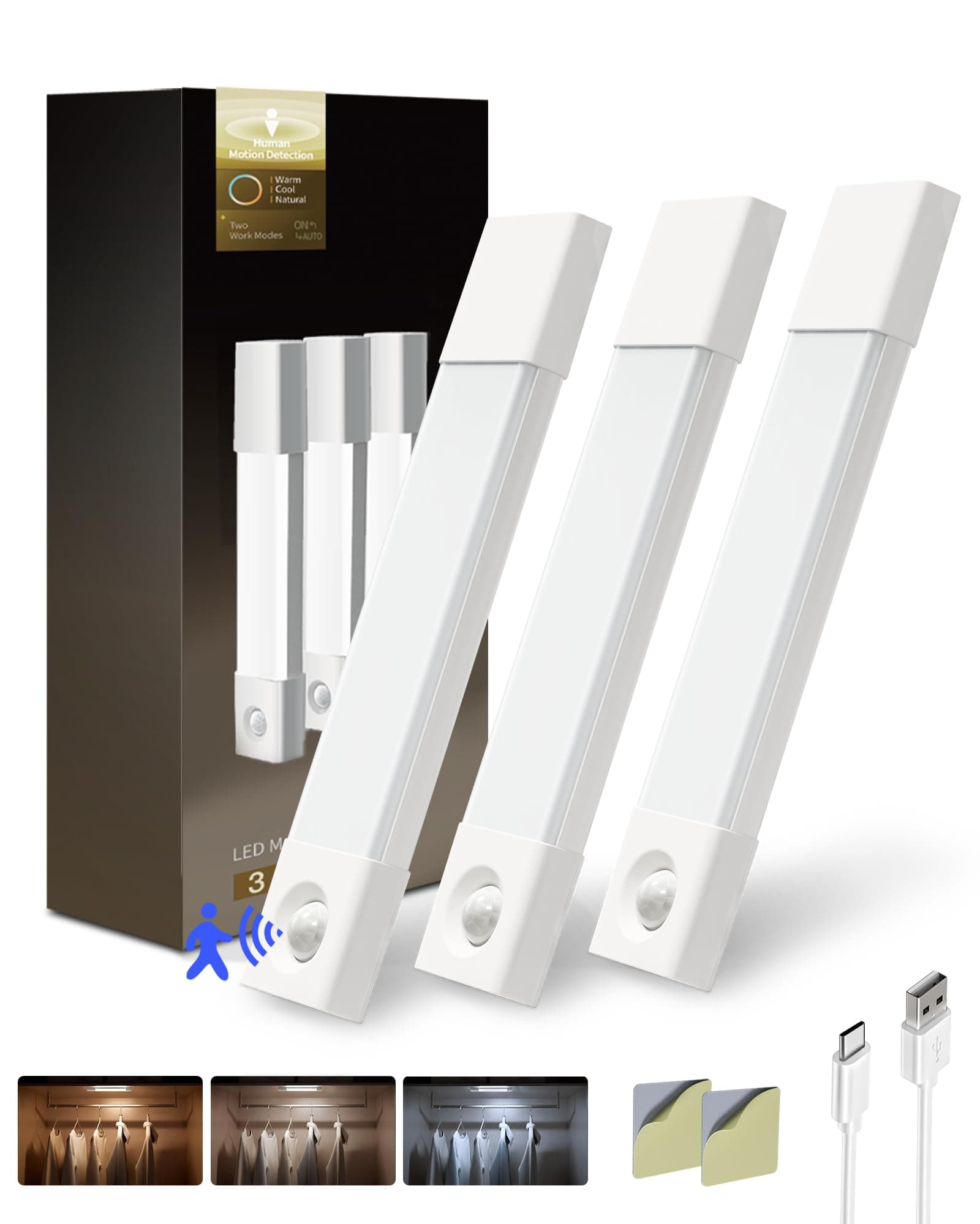 EZVALO Schrankbeleuchtung 20CM*3 Stück,30 LED Schrankleuchte Led mit Bewegungsmelder, Unterbauleuchte Küche LED mit 3 Farbtemperaturen Dimmbar Wiederaufladbar für Kleiderschrank, Küche, Treppe Weiß 20cm*3Stück Angebot bei HelloDeals