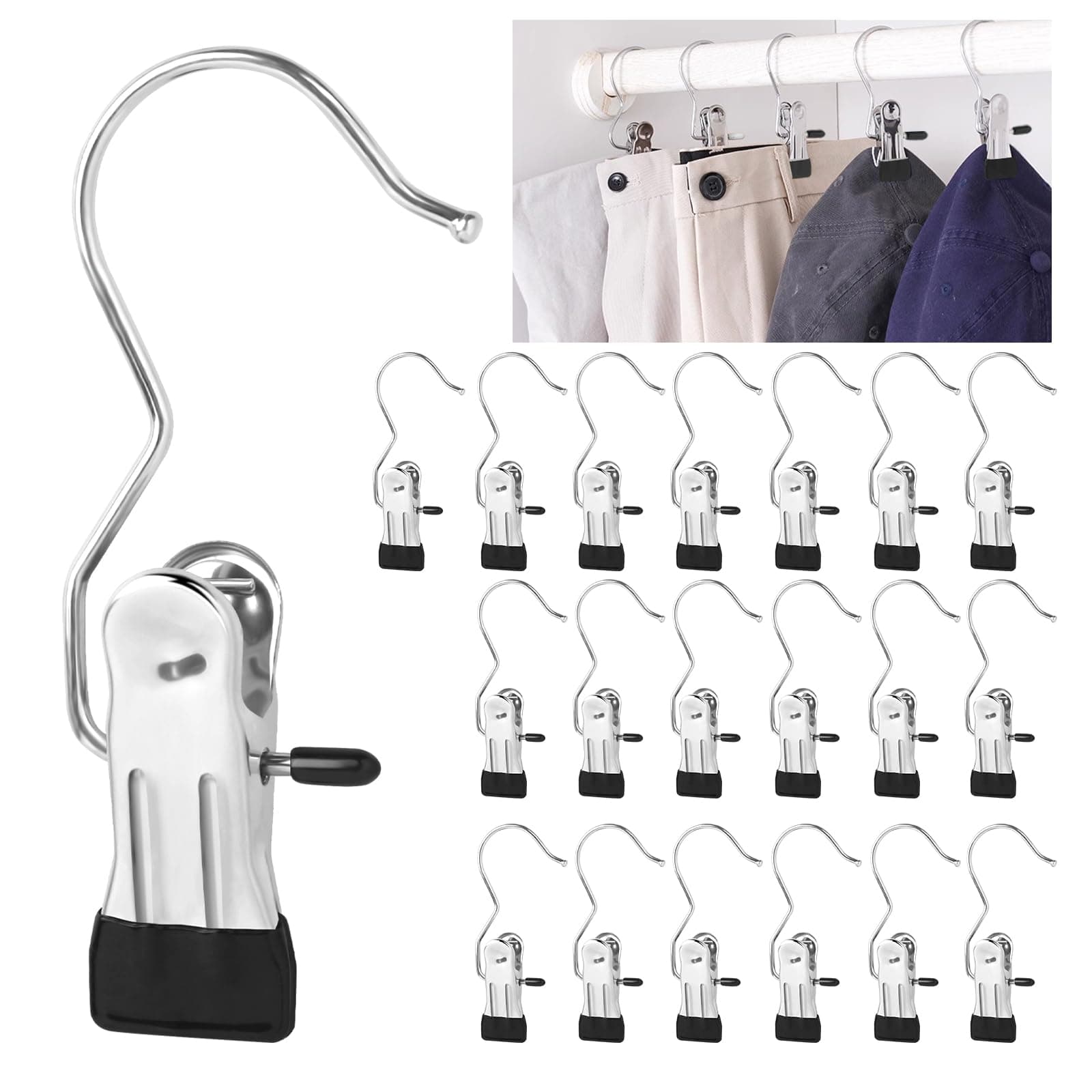 20 Stück Klemmhaken Edelstahl, rutschfest Wäsche Haken Stiefel Clips, 360° Drehbarer Klammerhaken, Metall Wäscheklammern für Handtücher, Hosen, Schuhe Angebot bei HelloDeals