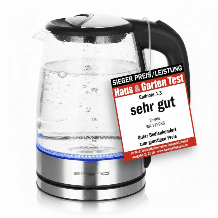 EMERIO Glas Wasserkocher mit 1.7 Liter Volumen | 2200 Watt | blaue LED Innenbeleuchtung | 360° Basis | SIEGER Preis/Leistung Haus & Garten Test | bestes Borosilikatglas | BPA frei | WK-119988.7 1,7 Glas Angebot bei HelloDeals