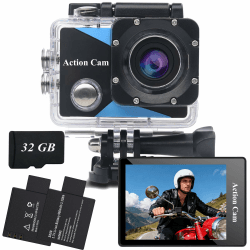 Action Cam1080P mit 32GB Speicherkarte, Unterwasserkamera wasserdicht bis 30M, Actionkamera mit 2×900 mAh wiederaufladbare Akkus und Zubehör-Set A6B-32GB Angebot bei HelloDeals