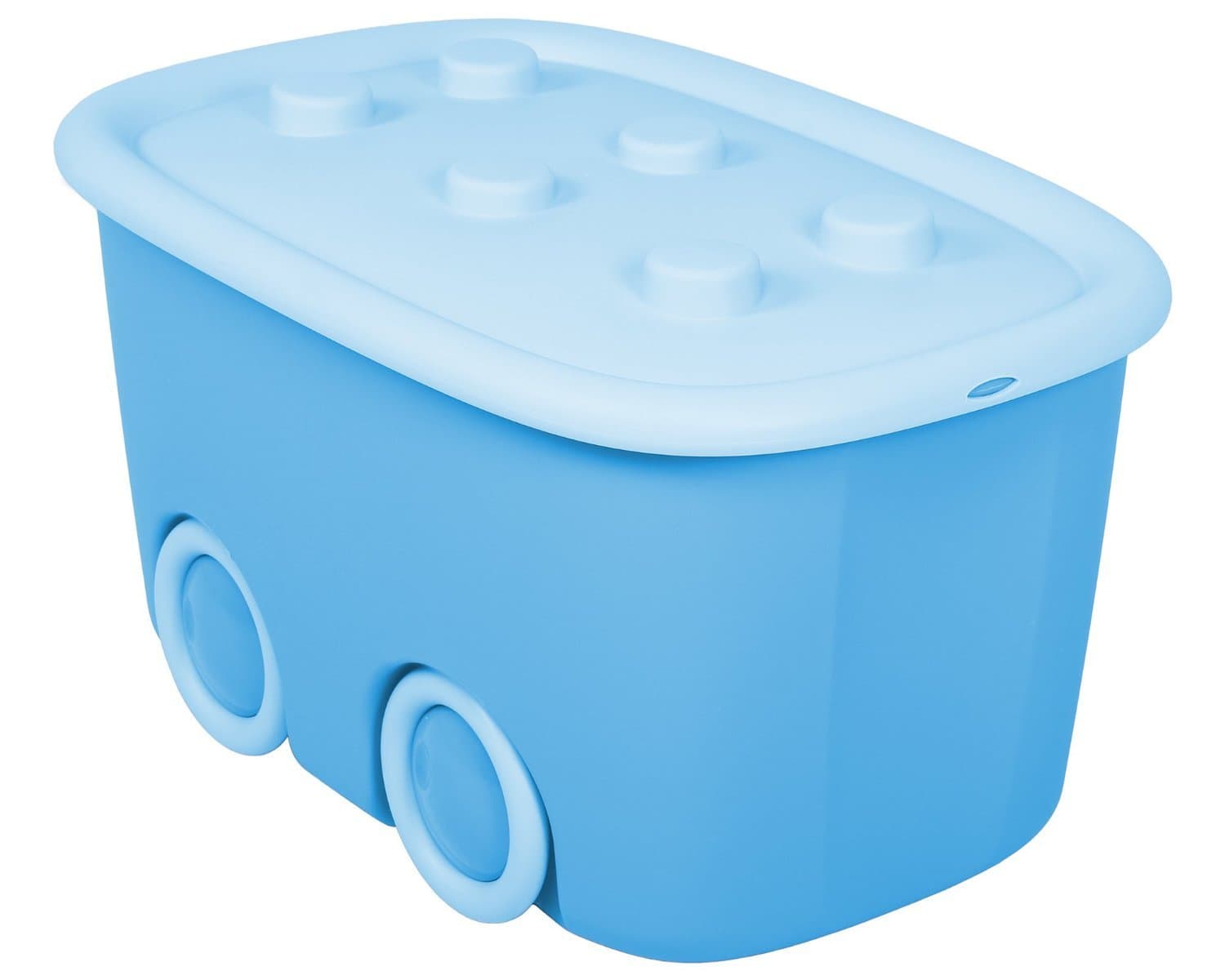 Ondis24 Aufbewahrungsbox Spielzeugaufbewahrungskiste Spielzeugbox Funny, hellblau mit großen Rädern und aufliegendem Deckel Angebot bei HelloDeals