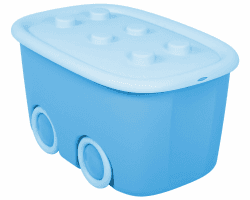 Ondis24 Aufbewahrungsbox Spielzeugaufbewahrungskiste Spielzeugbox Funny, hellblau mit großen Rädern und aufliegendem Deckel Angebot bei HelloDeals